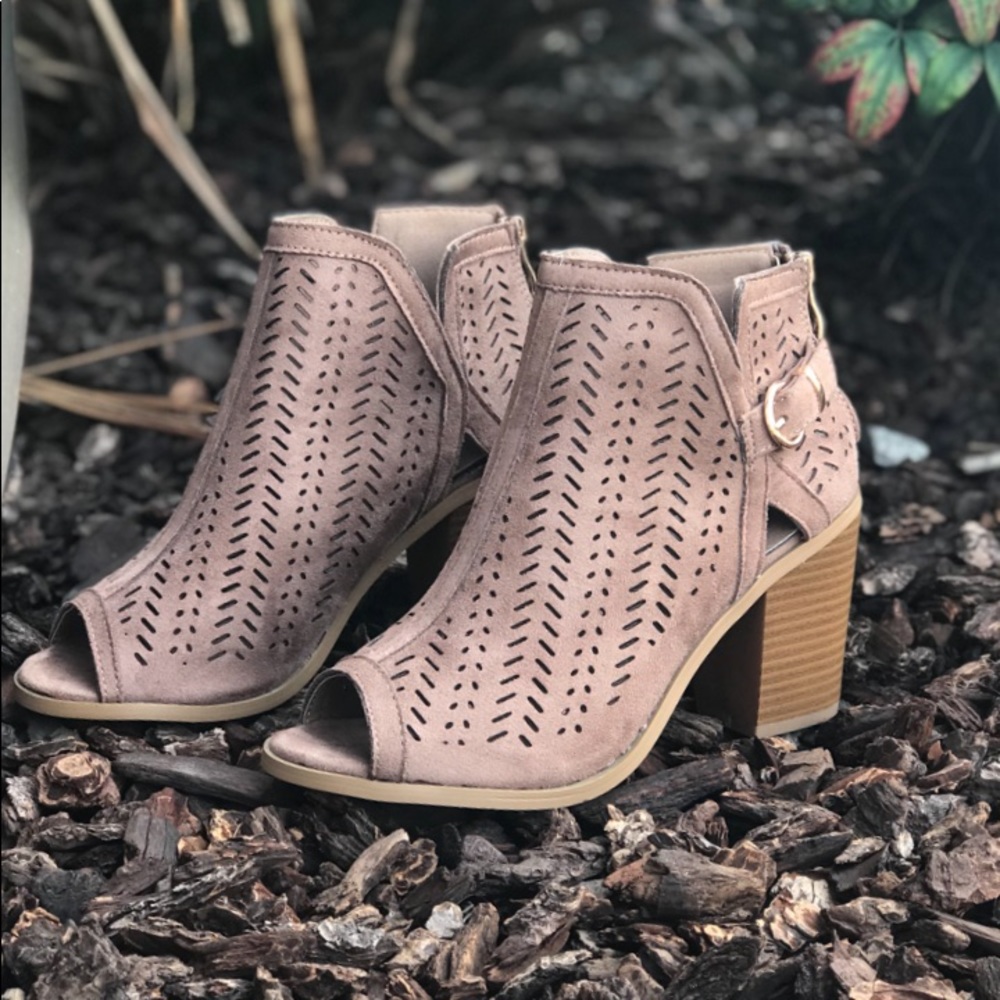 Taupe open toe buckle accent booties